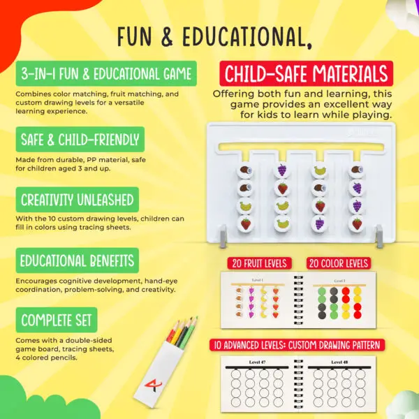 alilee 3 in 1 montessori fun & educational board game. color matching, fruit matching, custom drawing, puzzle and logic game, thinking training enlightenment hand eye coordinate, preschool early learning game, brain boosting toy for kids