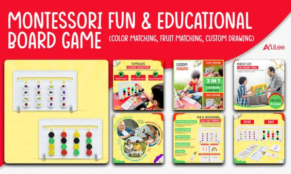 alilee 3 in 1 montessori fun & educational board game. color matching, fruit matching, custom drawing, puzzle and logic game, thinking training enlightenment hand eye coordinate, preschool early learning game, brain boosting toy for kids